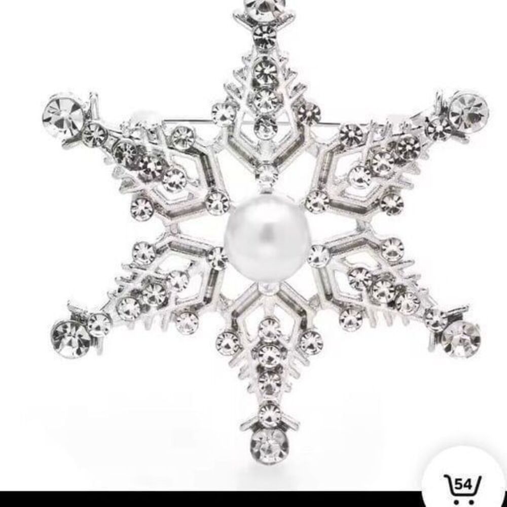 Luxury Silver Snowflake Brooch Pin Shiny Rhinestones Pearls Holiday Eleganc